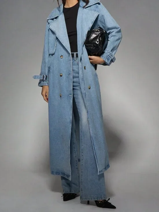 Light Wash Oversized Denim Women's Long Double Breasted Trench Coat - Picture 3 of 7